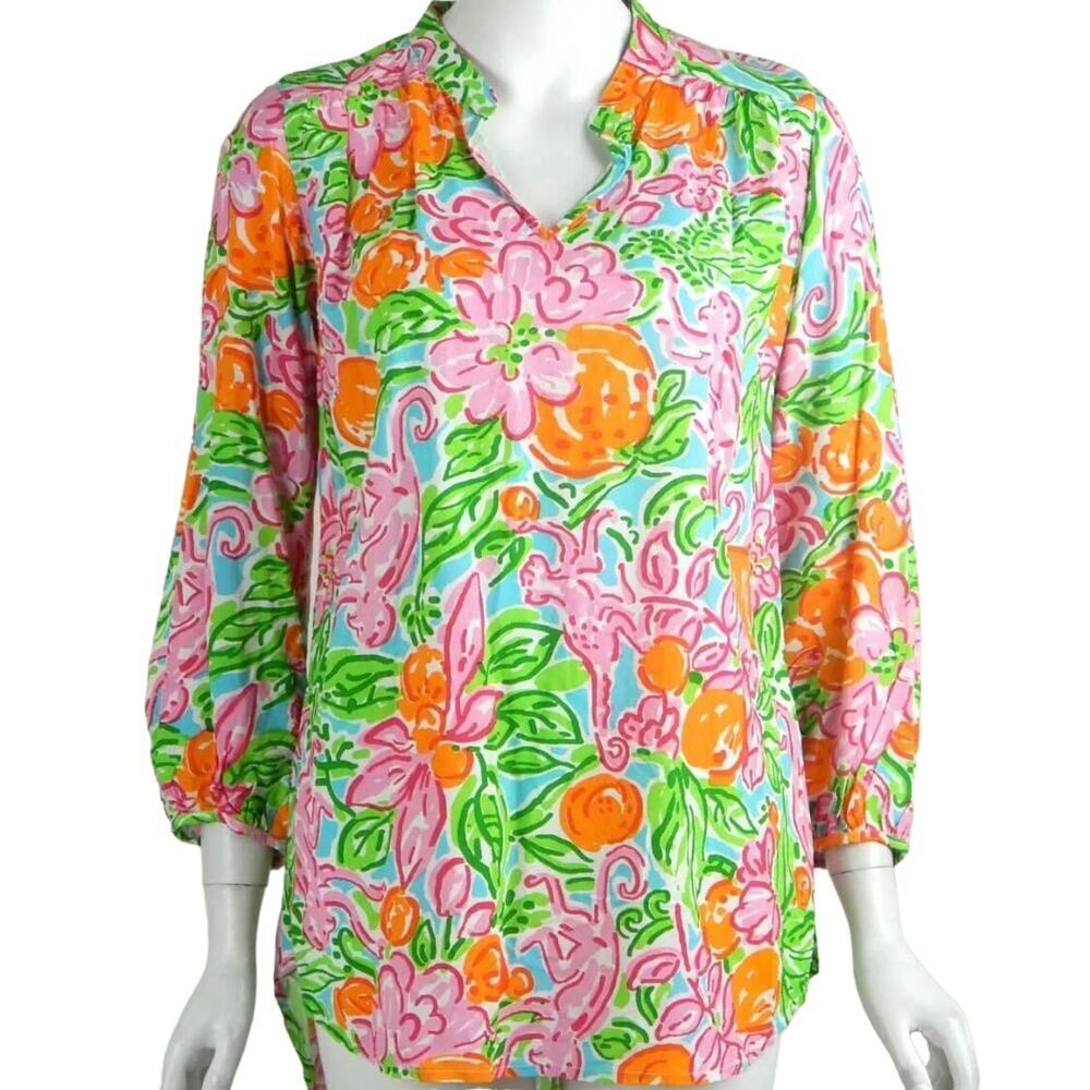 Barbara Gerwit Tunic Top Floral Monkey Print 3/4 Sleeve Sz L